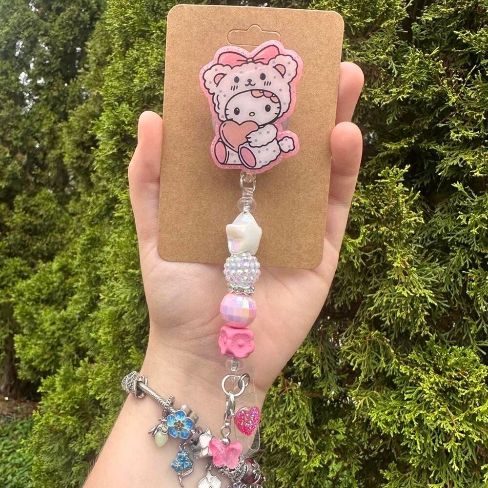 Hello Kitty Bear Beaded Badge Reel
